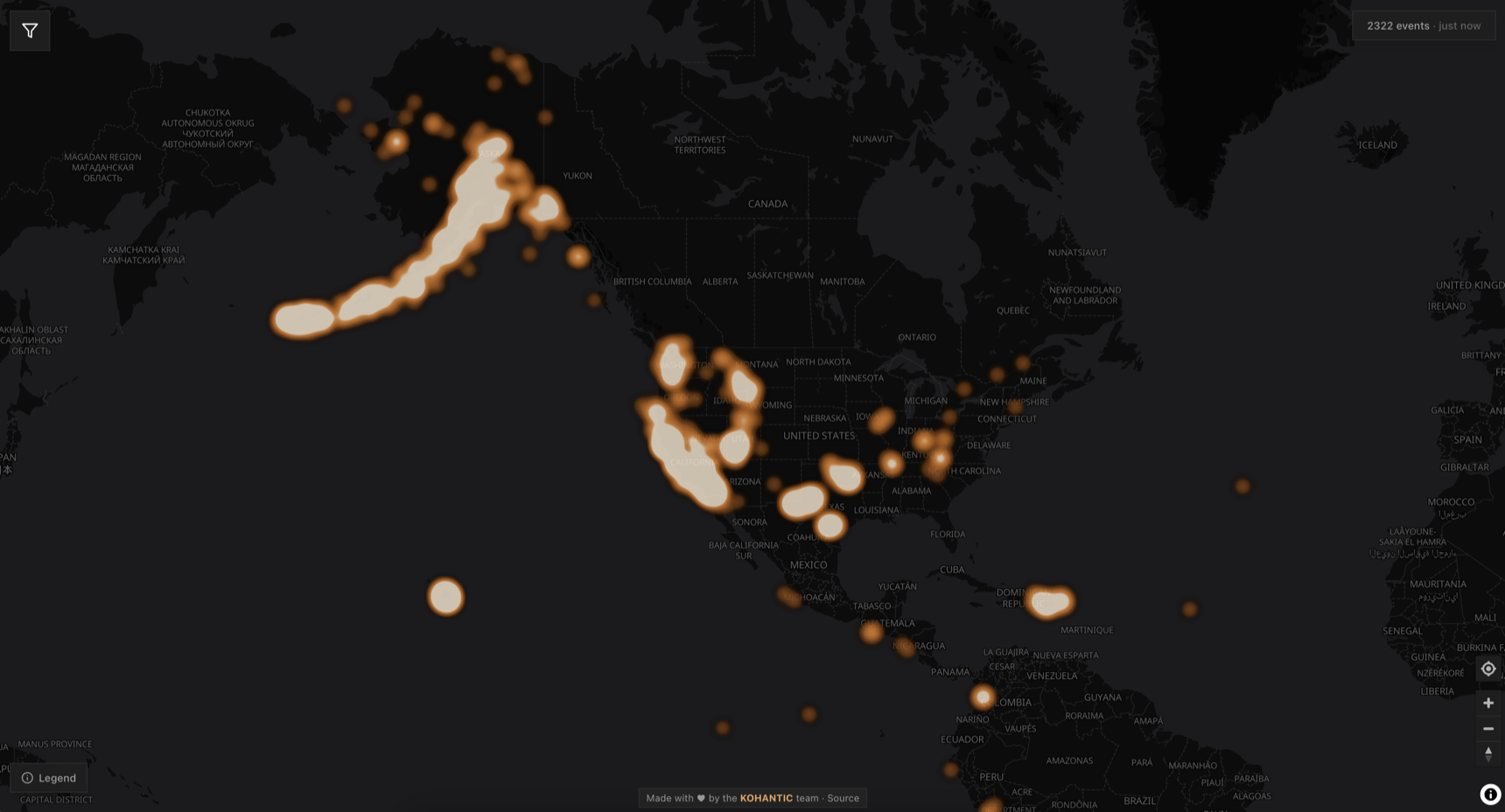 A dark world map with amber heat blooms marking earthquakes along the Aleutian arc and the west coast of North America